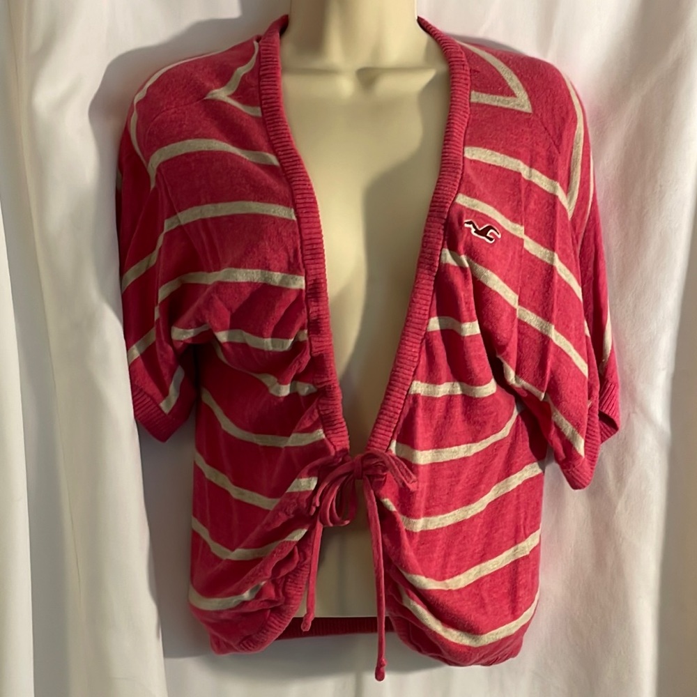 Pink + Beige Striped Short Sleeve Sweater, Size Medium, Hollister
